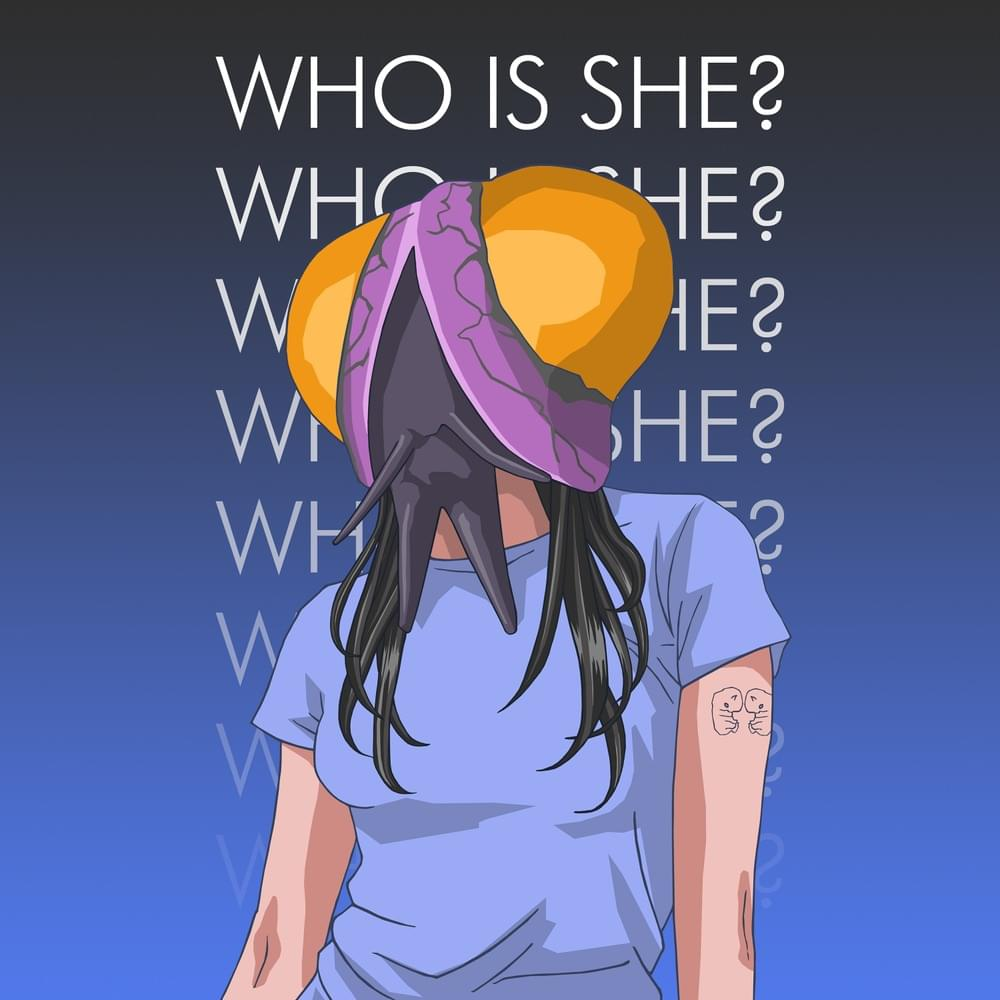 "WHO IS SHE?" repeated in the background fading with a humanistic monster in the middle. Poster from a band called "I Monster" about their song titled "Who is She?"